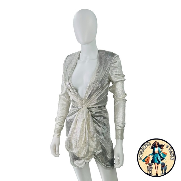 Redemption for FWRD Long Sleeve Metallic Deep V Party Dress in Silver Size XS - Picture 16 of 16